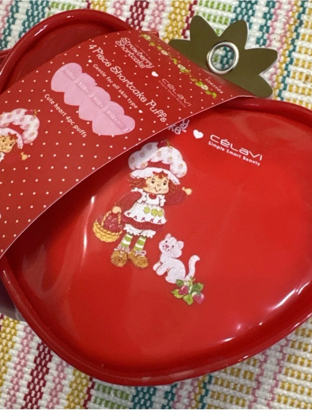 Strawberry Shortcake Heart Puffs Tin - Red reusable pouch with strap
